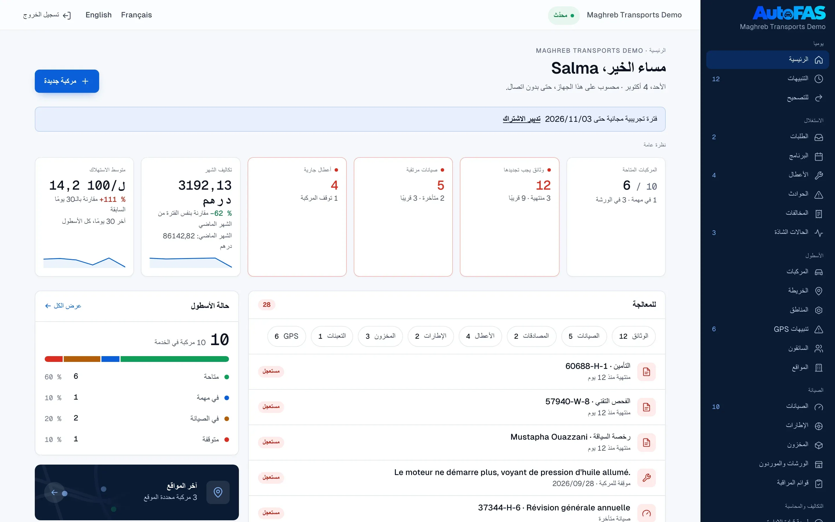 لوحة القيادة في AutoFAS: المركبات المتاحة، الوثائق الواجب تجديدها، الصيانات المرتقبة وتكاليف الشهر